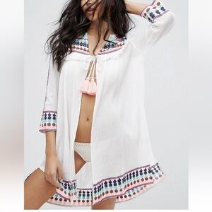 Liquorish Boho Tassel Embroidered White Cotton Kaftan Swim Cover-Up Med/ Large